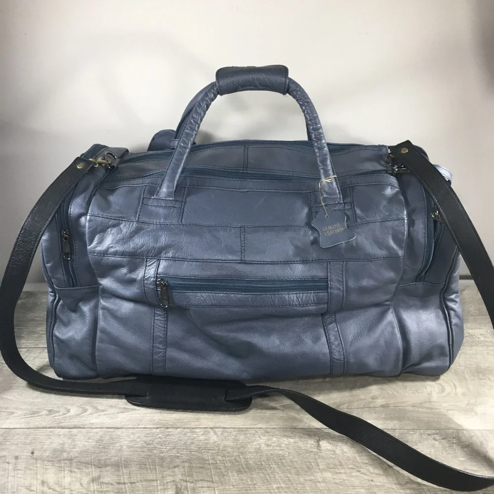 Vtg Gray Leather Duffel Duffle Gym Travel Weekender Everyday Bag Pack Luggage